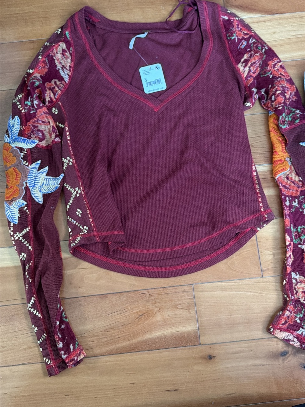 Free People Burgundy Long-Sleeve V-Neck Top with Floral Sleeves